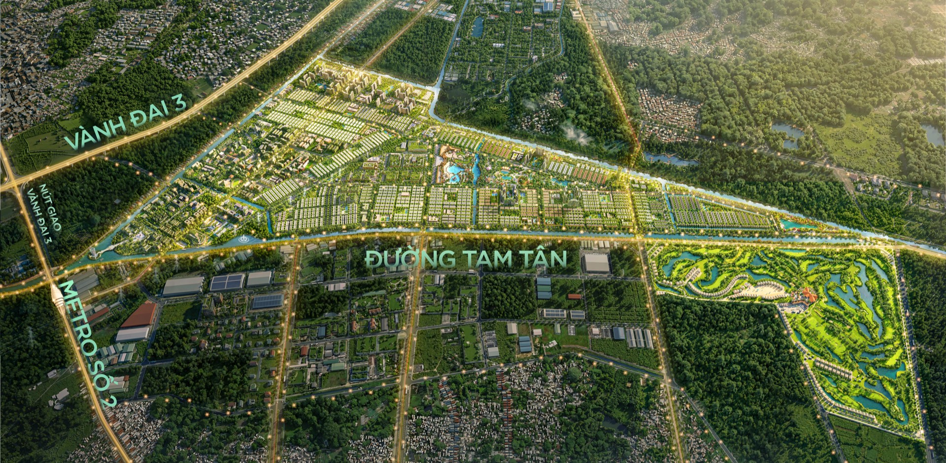 Phối cảnh tổng thể khu đô thị Saigon Park với tuyến Metro số 2 và Vành đai 3